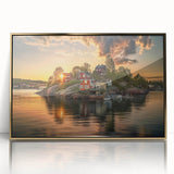 Framed acrylic print of Stockholm scenery in mid-century modernist style with gold accents.