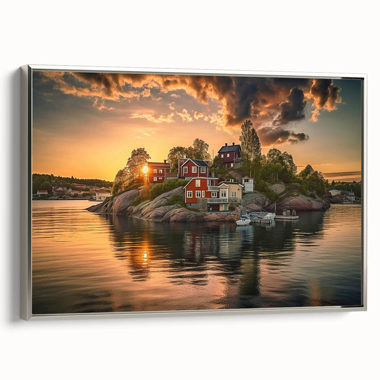 Framed canvas landscape art painting of Stockholm, with colorful yet muted water and sky tones, ideal for office decor.