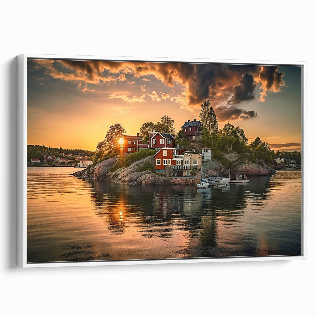 Vintage poster art of Stockholm featuring colorful buildings on a black background, framed canvas.