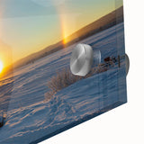 Large abstract wall art depicting a European scenery in muted earth tones on acrylic glass, ideal for dining room art.