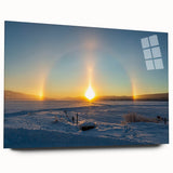 Large abstract wall art of a European scenery in muted blue and green tones on acrylic glass.