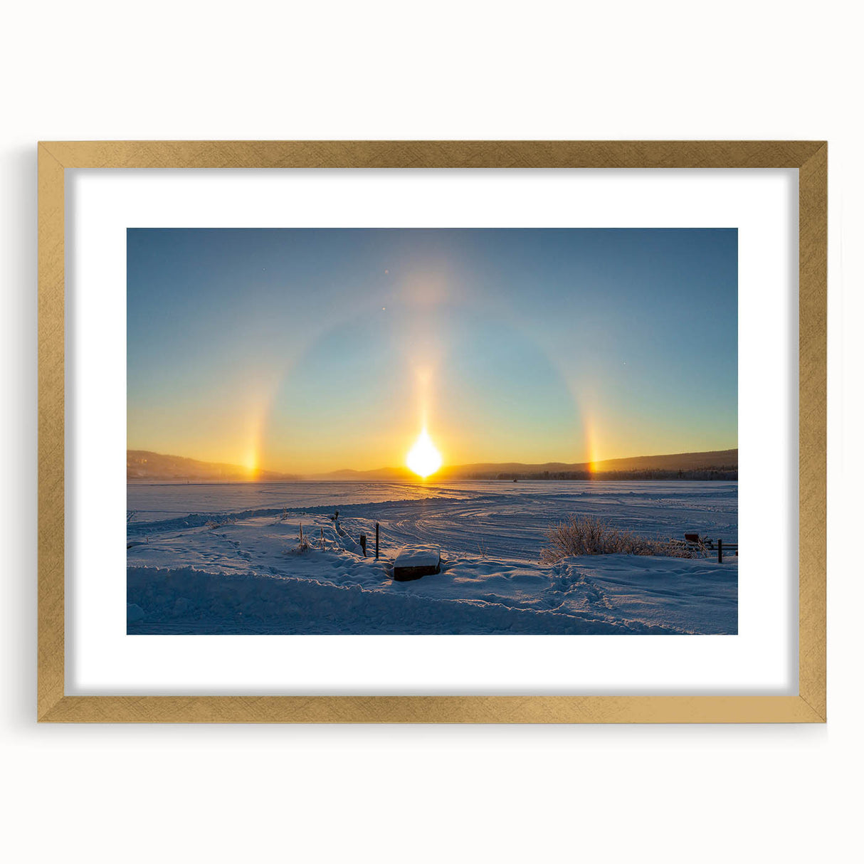 Extra large abstract art print of a European landscape in muted earth tones, framed in gold, ideal for living room decor.