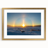 Extra large abstract art print of a European landscape in muted earth tones, framed in gold, ideal for living room decor.