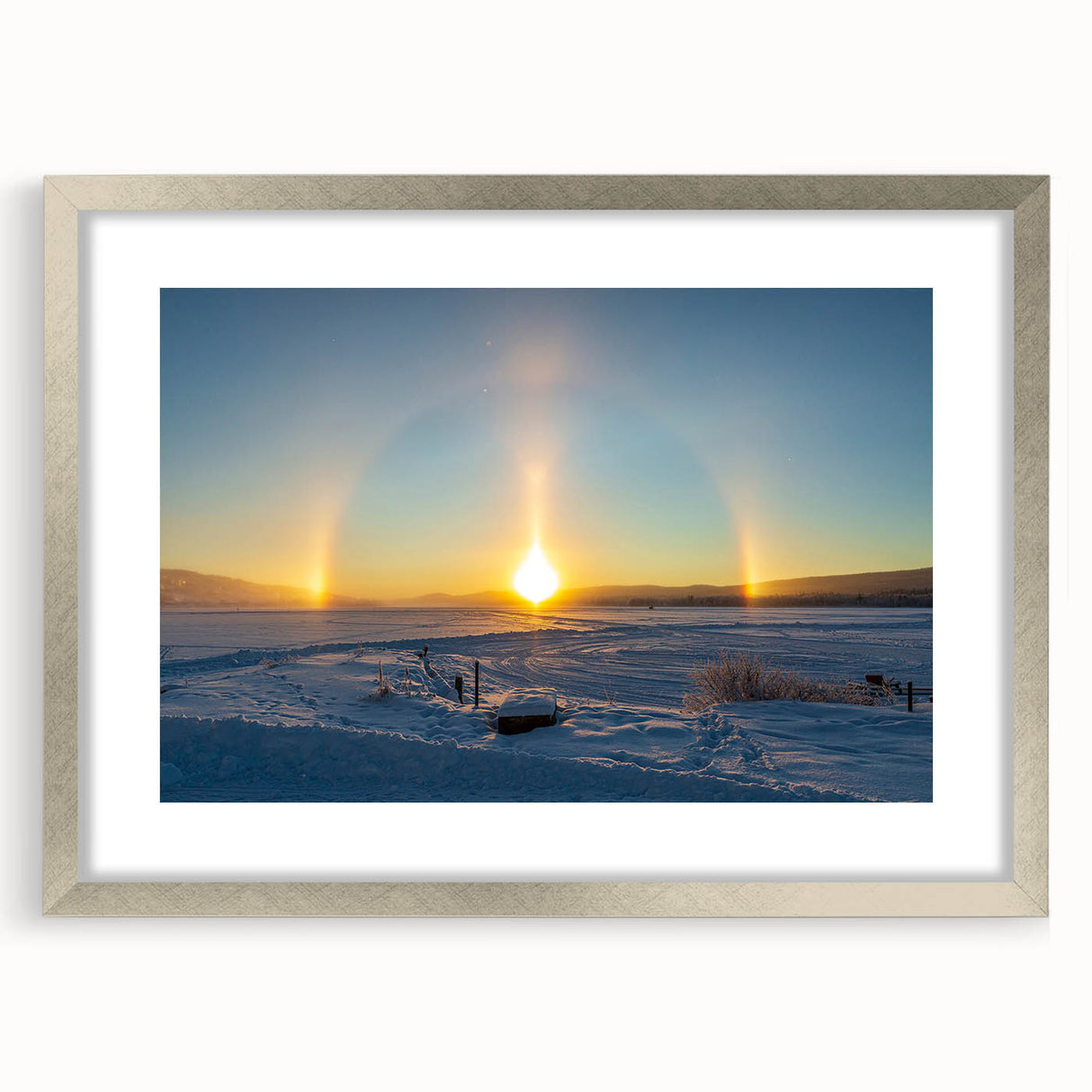 Textured abstract art print depicting a serene Swedish landscape in muted earth tones, framed in silver.