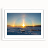 Abstract art print of a serene Swedish landscape in muted green and blue tones, framed with a white mat.