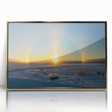 Large art print of a serene Swedish landscape in muted green and blue, acrylic in gold frame, mid-century modernist style.