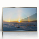 Mid-century modernist art depicting a serene Swedish landscape in muted earth tones, framed acrylic.