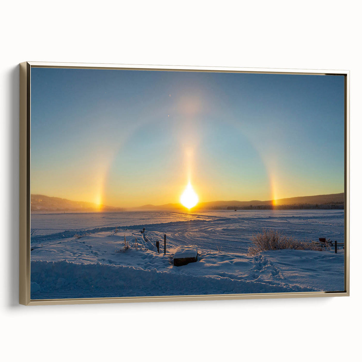 Framed canvas depicting a serene Swedish landscape in muted earth tones, ideal for bedroom wall decor.