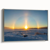 Framed canvas featuring a vintage-style landscape painting of a Swedish scenery in muted earth tones.