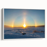 Vintage poster art of a scenic European landscape on a framed canvas, featuring muted greens and blues.