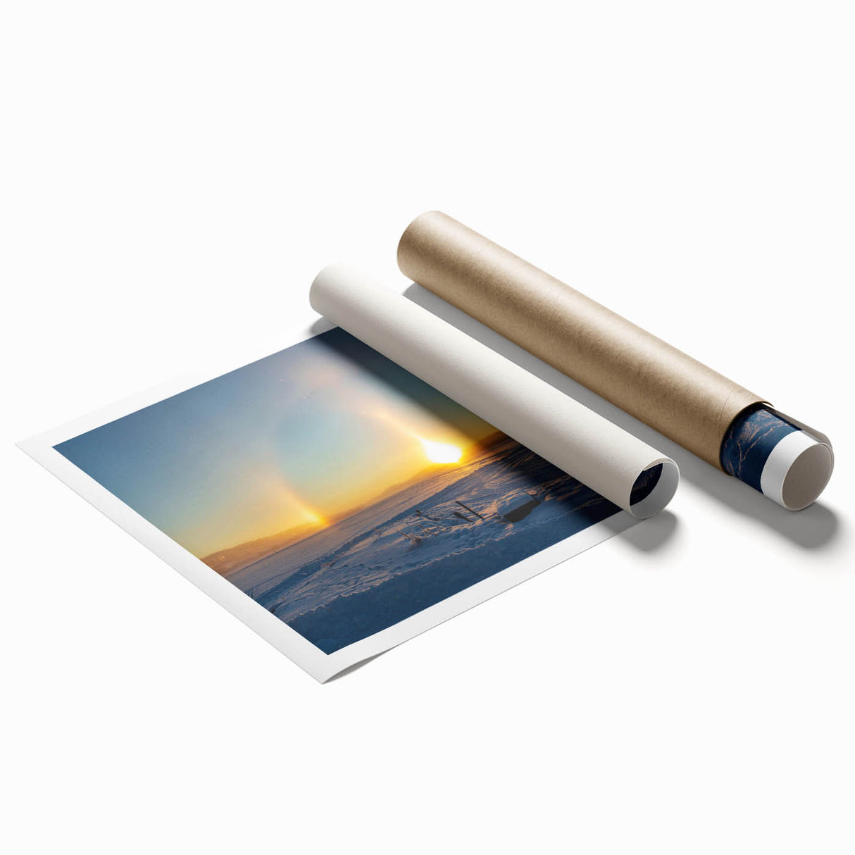 Extra large rolled print of a serene Swedish landscape with soft floral elements in subdued earth tones.