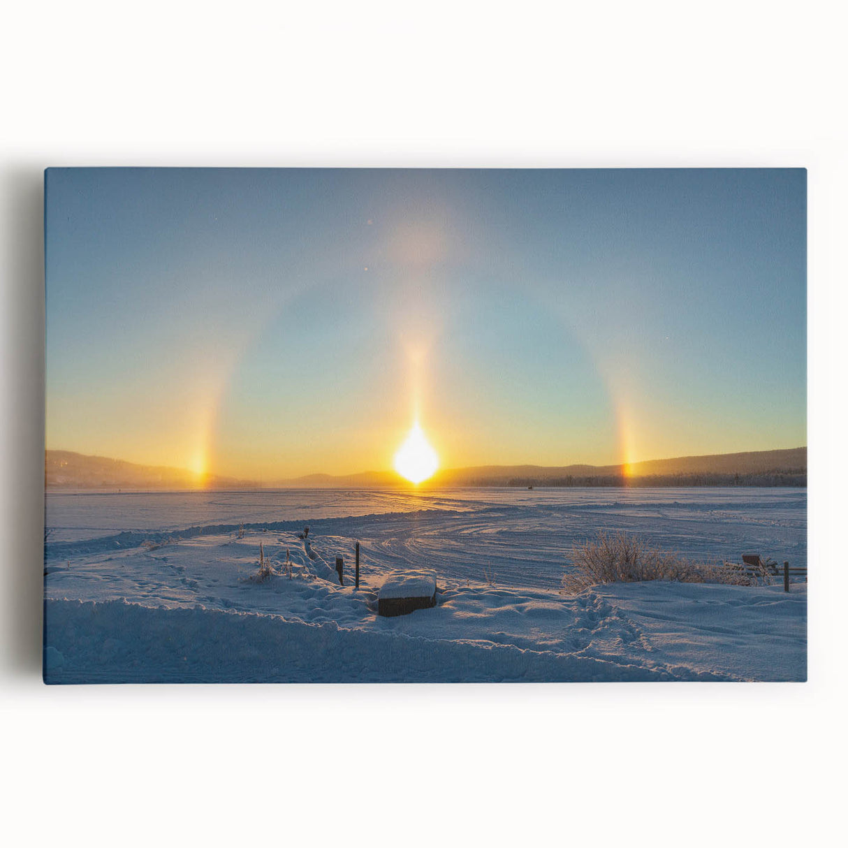 Black and white photograph of a serene Swedish landscape on large stretched canvas, ideal for kitchen wall art.