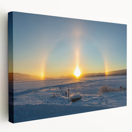 Large stretched canvas depicting a serene Swedish landscape in muted green and blue tones, ideal for kitchen wall art.