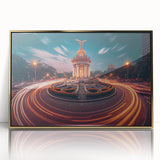 Large art print of Mexico City skyline in gold and black, framed acrylic, mid-century modernist style.