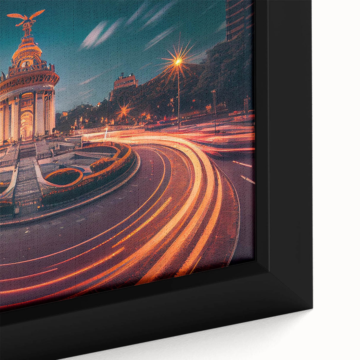Extra large framed canvas featuring a textured depiction of Mexico City in black with colorful highlights.