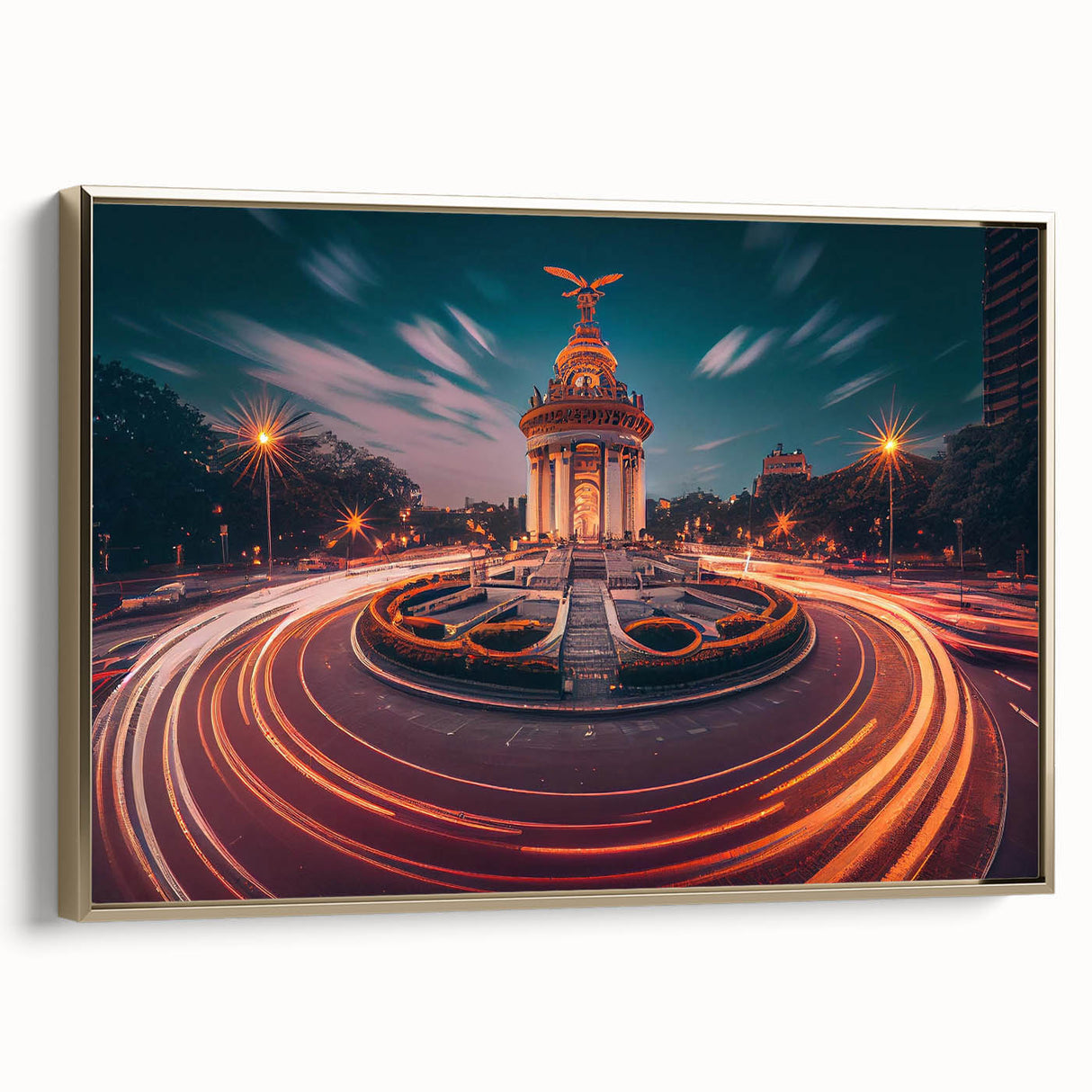 Framed canvas featuring a vintage-style landscape painting of Mexico City in muted gold and black tones.