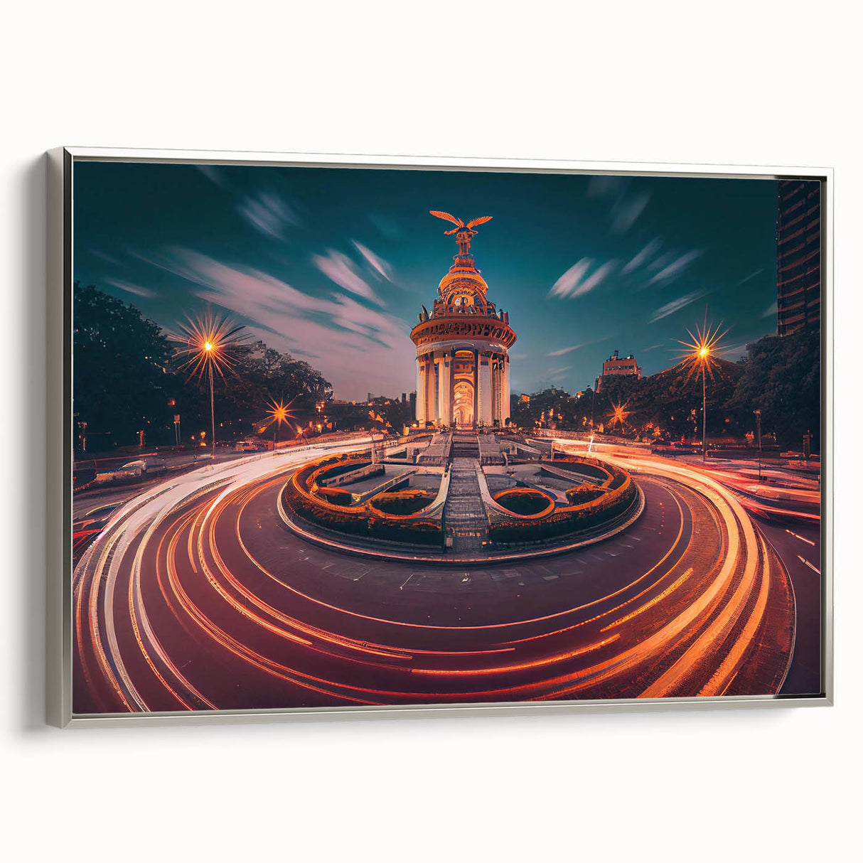 Framed canvas landscape art painting of Mexico City in vibrant colors with black vintage poster style.