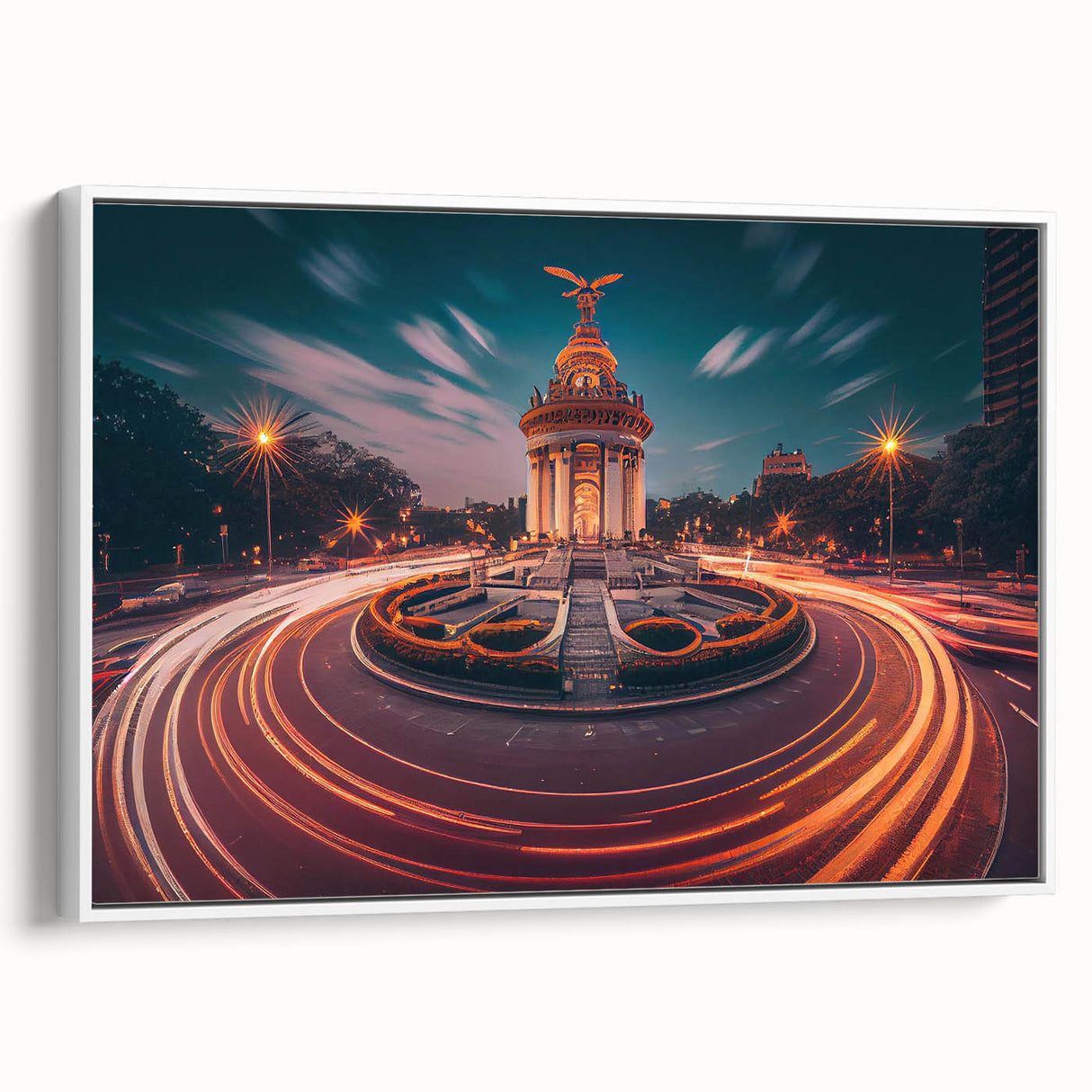 Vintage poster art of Mexico City on a large framed canvas, featuring vibrant colors against a black background.