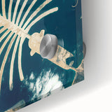 Large abstract depiction of Dubai skyline in muted earth tones on acrylic glass, suitable for dining room art.