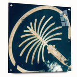 Acrylic glass print of Dubai skyline in muted earth tones, suitable for bedroom or dining room decor.