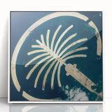 Art deco poster of Dubai skyline in muted gold and blue tones on a white framed acrylic, suitable for modern art wall decor.