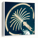 Vintage poster art of Dubai skyline in colorful hues on a large framed canvas, ideal for living room decor.