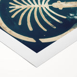 Art deco poster of Dubai skyline in muted metallic tones on a rolled canvas, ideal for dining room wall art.