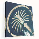 Panoramic view of Dubai skyline in muted earth tones on a large stretched canvas, suitable for kitchen wall art.