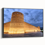 Black and white framed canvas featuring a vintage poster-style landscape of a Middle Eastern scene, ideal for bedroom decor.