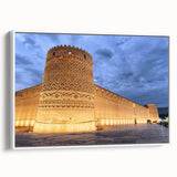 Vintage poster art of a Middle Eastern landscape in vibrant colors on a framed canvas, ideal for living room decor.