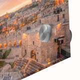 Mid-century modernist abstract depiction of Jerusalem in muted earth tones on acrylic glass, ideal for dining room art.