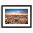 Extra large, colorful abstract art print of Jerusalem cityscape, textured on a black framed canvas.