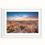 Abstract art print depicting a muted color palette of Jerusalem's skyline on a framed white mat, ideal for dining room decor.