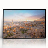 Large abstract wall art of Jerusalem skyline in muted earth tones on a framed acrylic, suitable for modern living room decor.