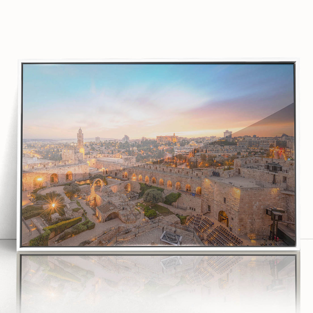 Acrylic print of Jerusalem scenery in muted earth tones, framed in white, suitable as modern art wall decor or for a nursery.