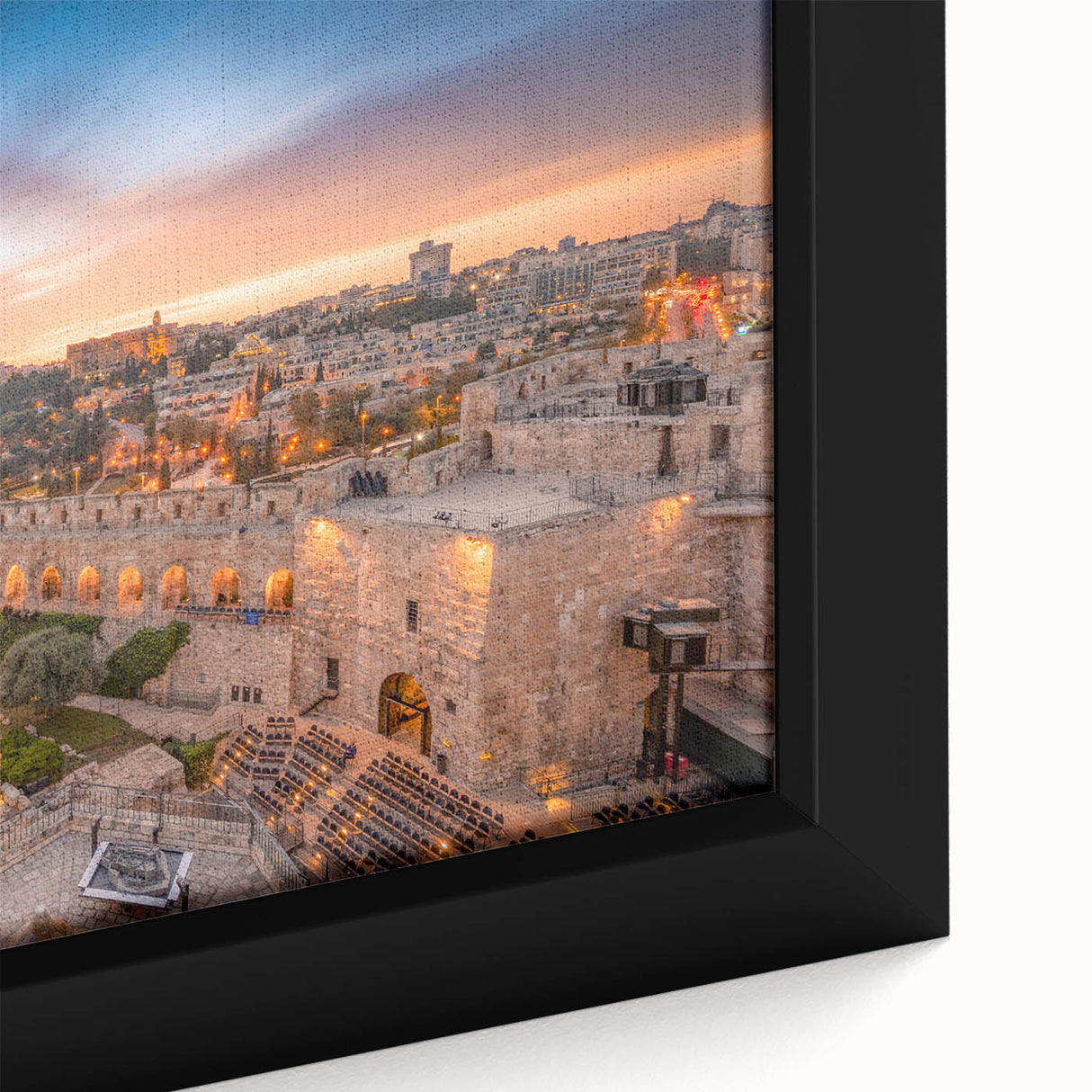 Extra large framed canvas of Jerusalem scenery in black with colorful, textured details, ideal for living room decor.