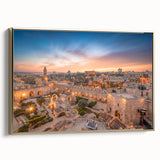 Framed canvas featuring a vintage poster art style landscape of Jerusalem in muted gold and black tones.