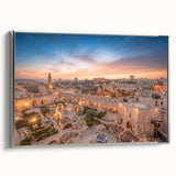 Framed canvas landscape art painting of Jerusalem, featuring vintage poster style in colorful and black tones.