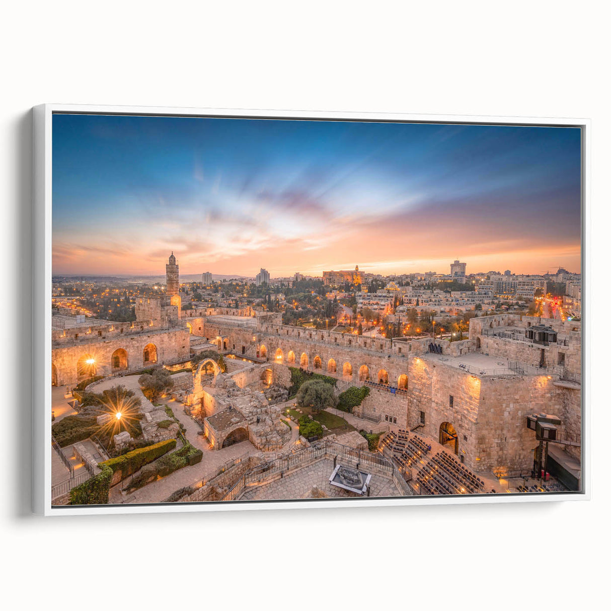 Vintage poster art of Jerusalem skyline in colorful hues on a large framed canvas, ideal for living room decor.