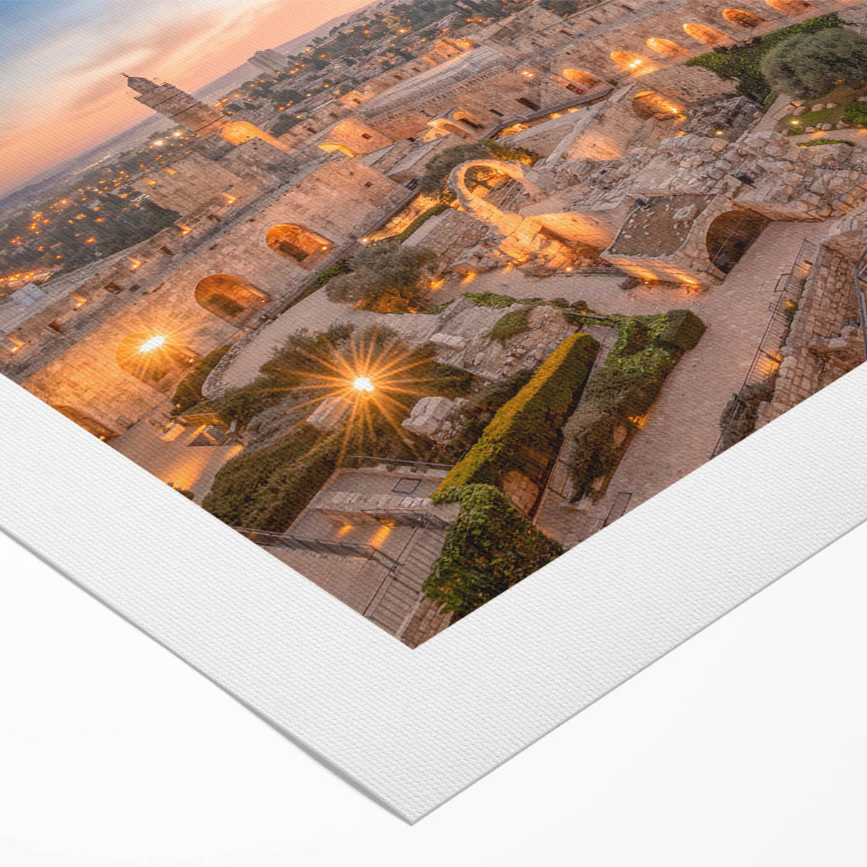Art Deco poster of Jerusalem skyline in muted earth tones on rolled canvas, ideal for dining room wall art.