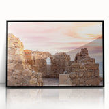 Large abstract wall art depicting a Middle Eastern scene in muted earth tones, framed in black acrylic.