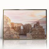 Large acrylic print of a Middle Eastern landscape in gold and earth tones, framed, ideal for modern art wall decor.