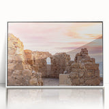 Acrylic print of a serene Middle Eastern landscape in muted earth tones, framed in white, suitable for modern art wall decor.