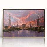 Framed acrylic print of a Middle Eastern desert landscape in gold and brown tones, suitable for modern art wall decor.