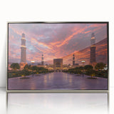 Mid-century modernist art of Oman scenery in muted earth tones, framed acrylic, ideal for modern art wall decor.