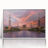 Acrylic print of a Middle Eastern scenery in Oman with a white frame, featuring art deco style.