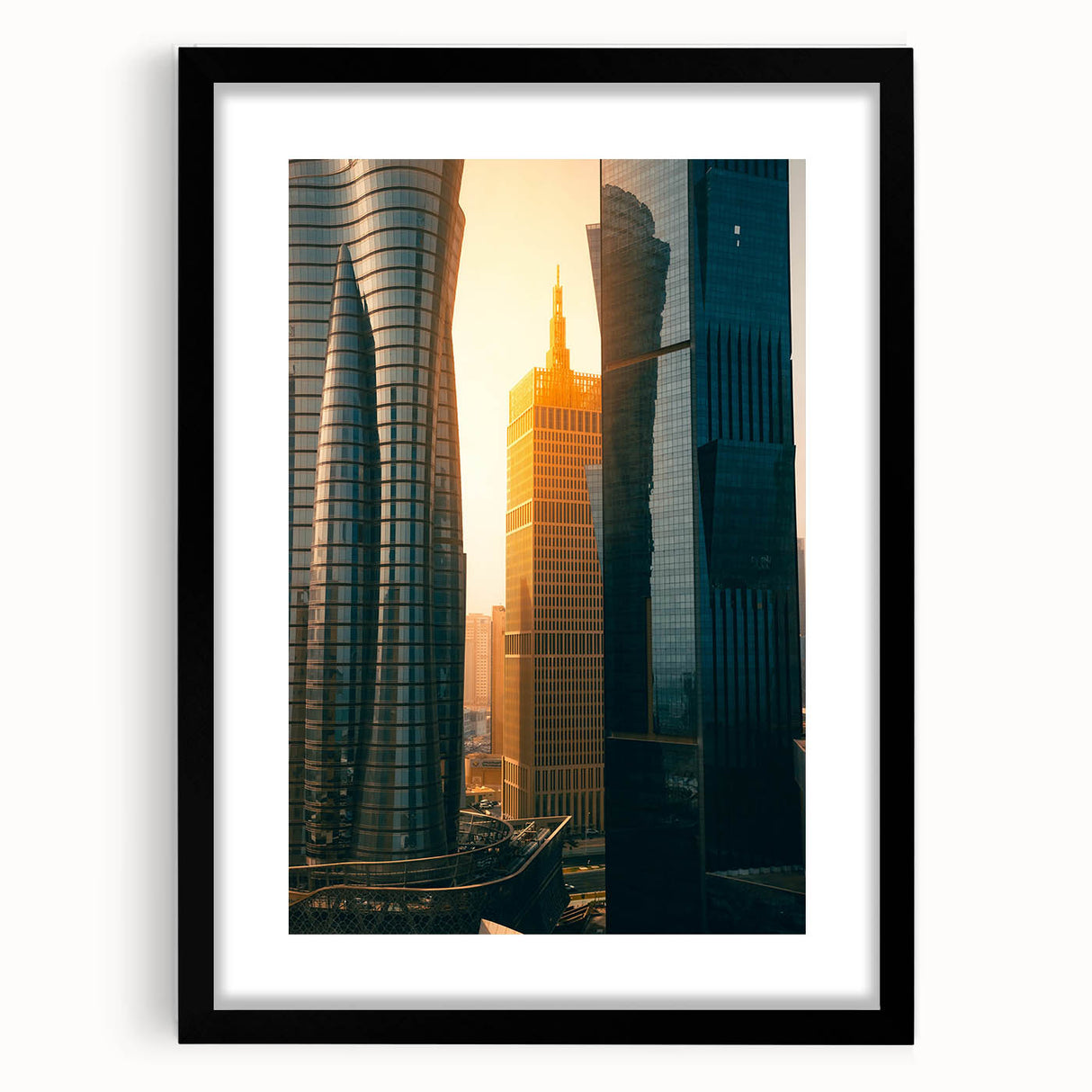 Extra large textured abstract art print featuring colorful, swirling patterns, encased in a black frame with mat.