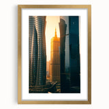 Extra large abstract art print depicting a Middle Eastern scenery in gold and beige tones, framed with mat.