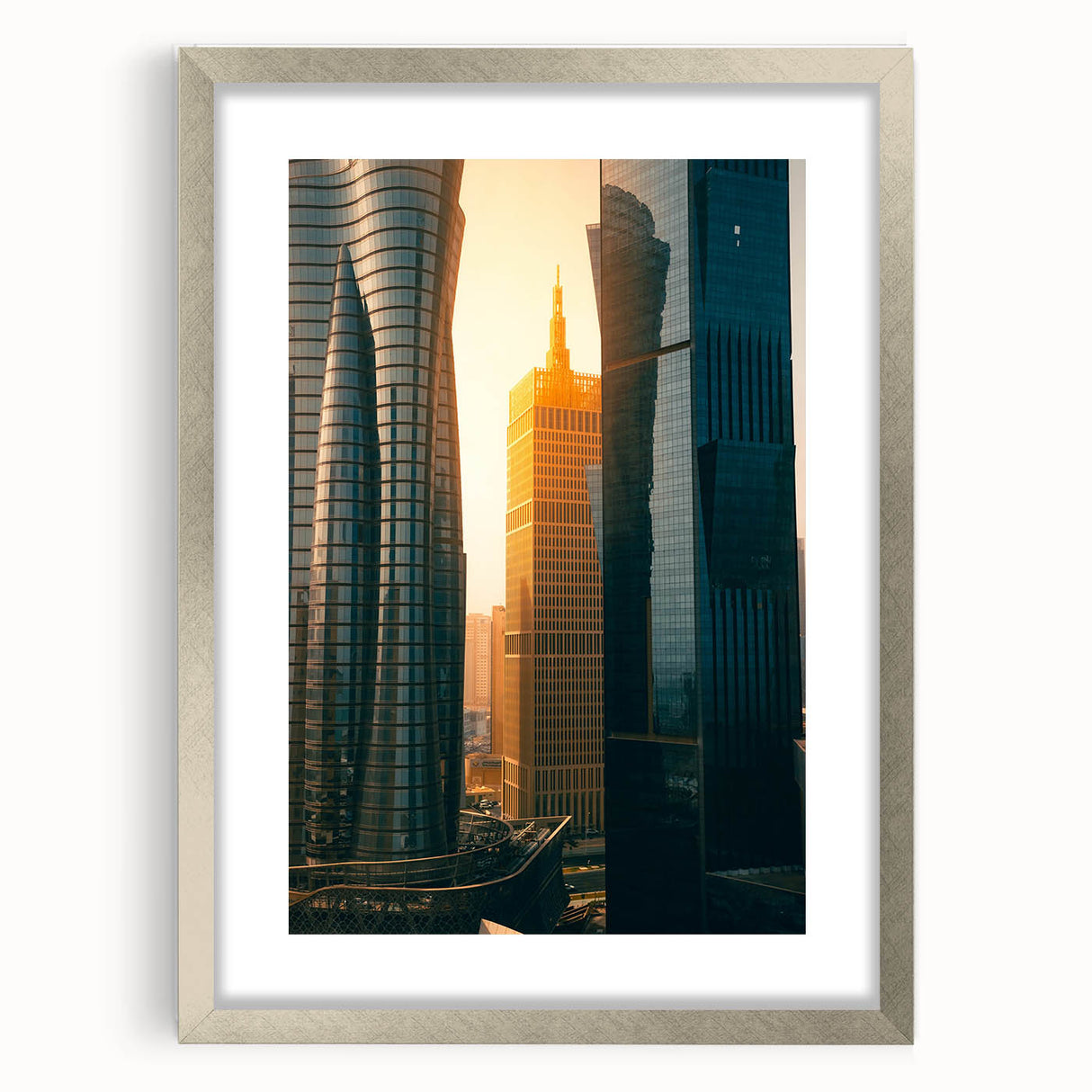 Textured abstract art print depicting the Qatar skyline in muted earth tones on a framed canvas, suitable for bedroom decor.