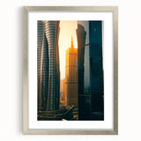 Textured abstract art print depicting the Qatar skyline in muted earth tones on a framed canvas, suitable for bedroom decor.